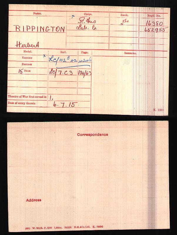 Rippington (Herbert) 1915 Medal Rolls Index Card